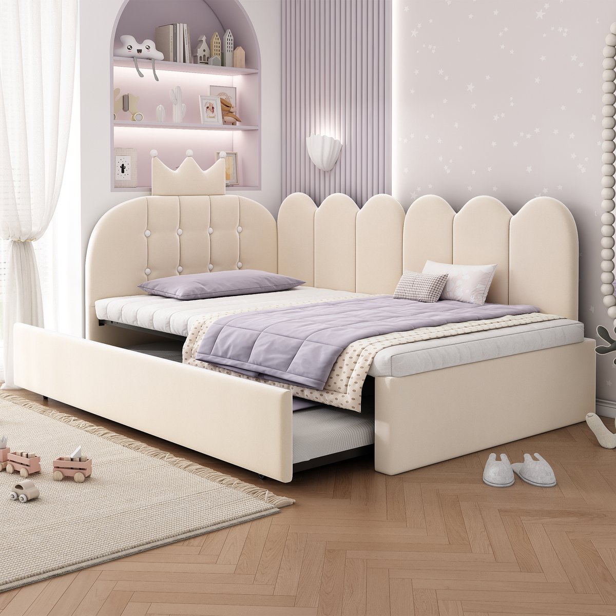 Lemlit Kinderbed 90x200 cm - Sofa Bed met Uitschuifbed, Kinderbank Bed en Dagbed met Kronen Gitterdesign, Fluwelen Bedframe met Extra Slaapplaats voor Kinderkamer Gastenkamer - Beige