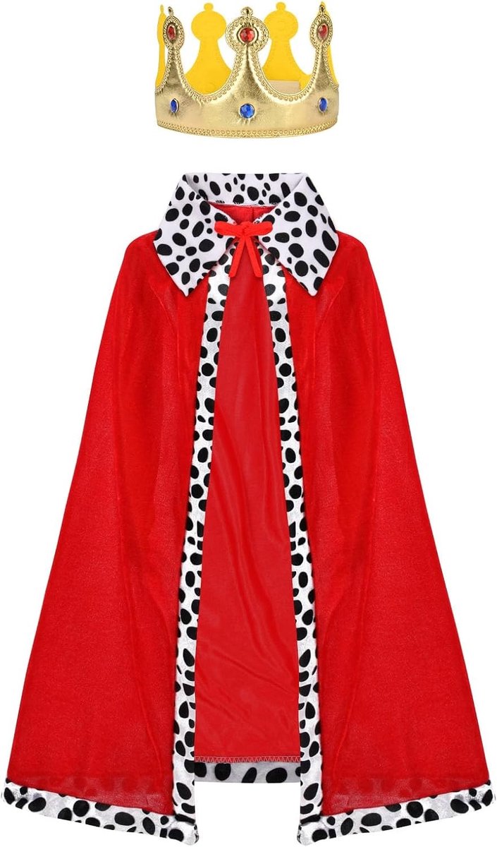 Koninklijke Cape voor Volwassenen met Kroon, Rode Fluwelen Robe voor Halloween, Cosplay en Feestkleding, 120 cm Lang
