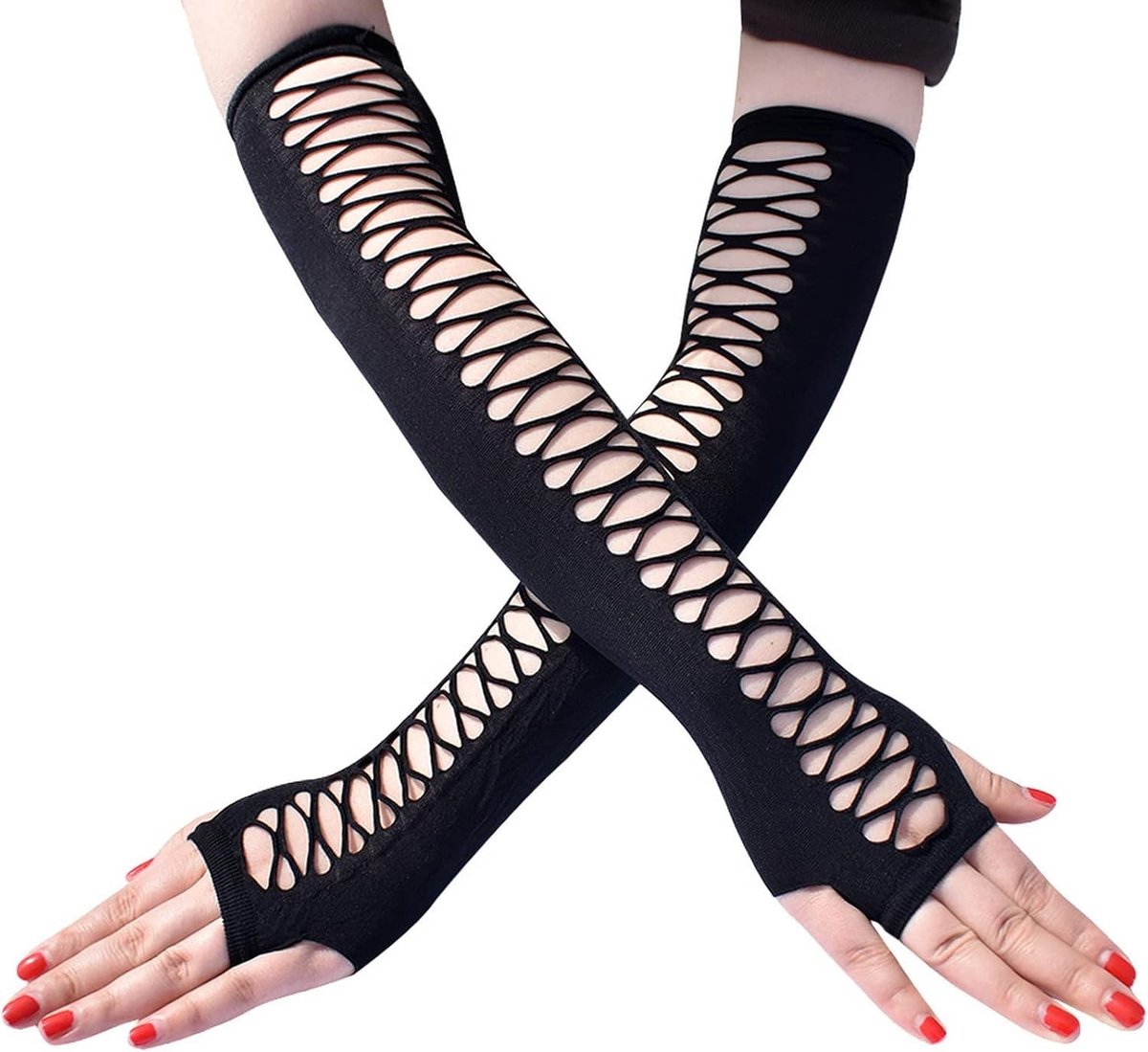 Vrouwelijke Fingerless Handschoenen in Zwart, Punk Ripped en Mesh Design voor Cosplay en Halloween Kostuums