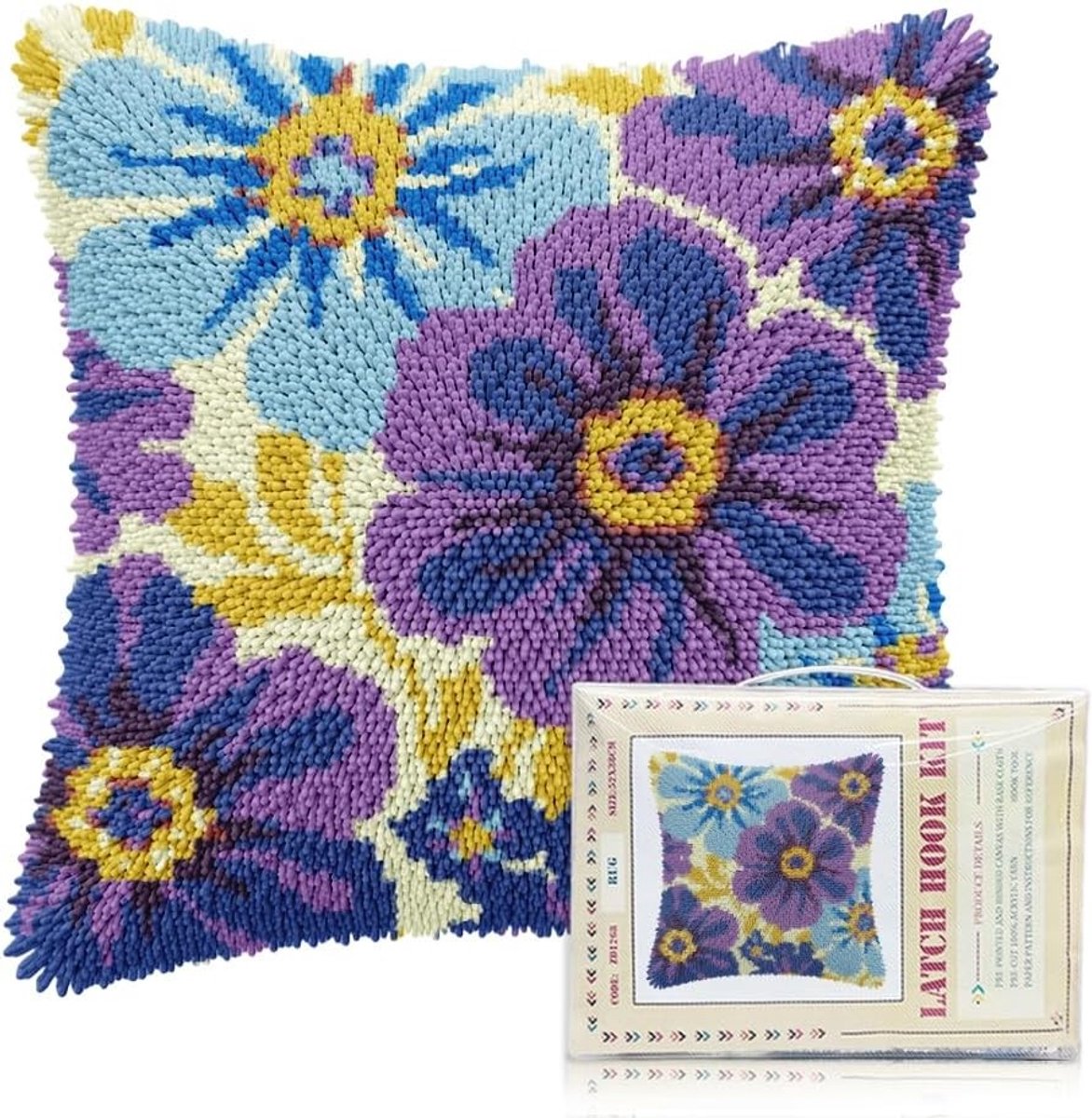 17 x 17 Klinkhaaksets voor Volwassenen en Beginners met Paarse Bloemen, Voorbedrukte Doe-Het-Zelf Haak- en Sluitsets voor Kussenslopen en Thuisdecoratie, Inclusief Handleiding