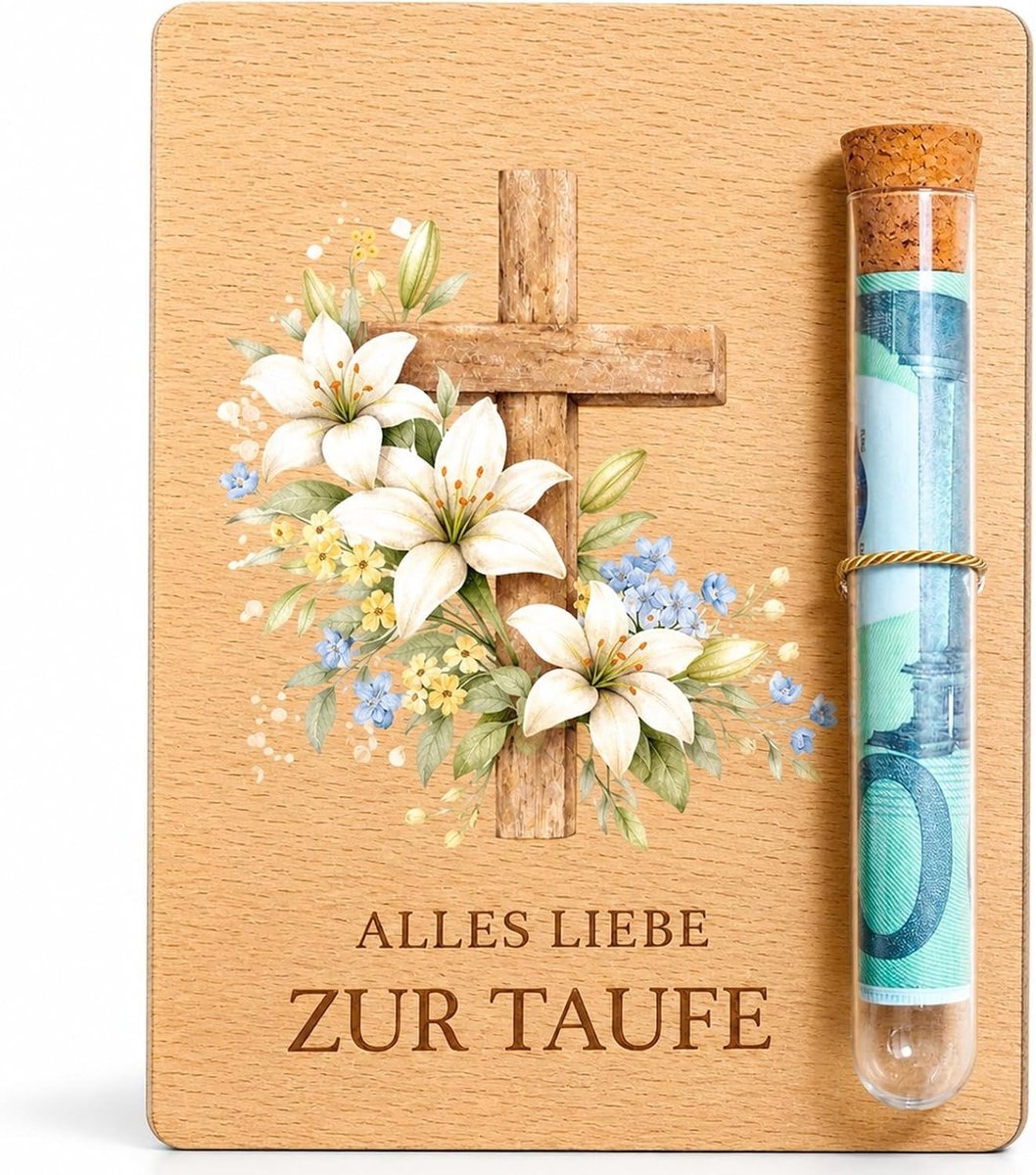 Houten Geld Geschenk voor Doop - Creatieve Doopcadeaus voor Jongens en Meisjes - Persoonlijke Geldcadeaus met Testbuis (13 x 10 cm)