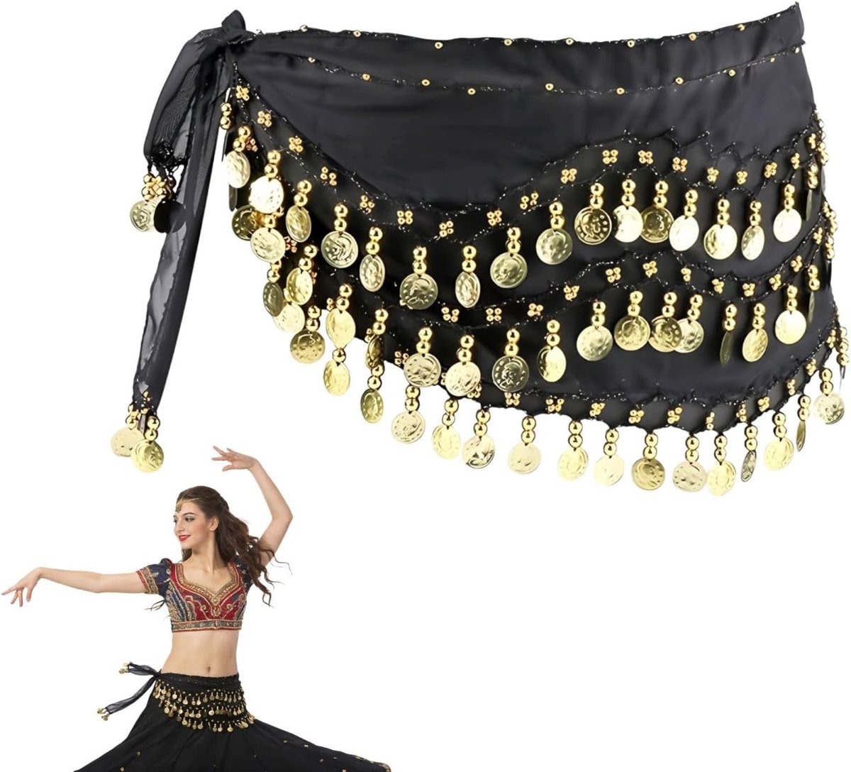Professionele buikdans heupdoek met munten, chiffon riem voor podiumshows en Latin American dans (140 cm lang)