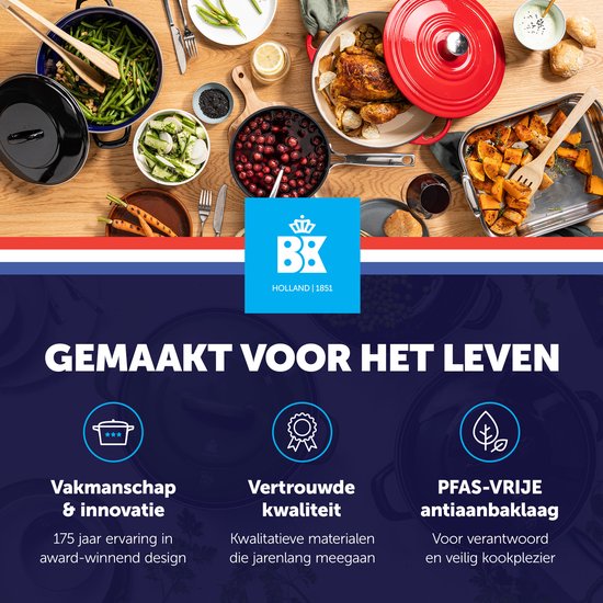Overzicht van BK serviesgoed, met kip, groenten, aardappelen en BK logo met tekst 'Gemaakt voor het leven'.