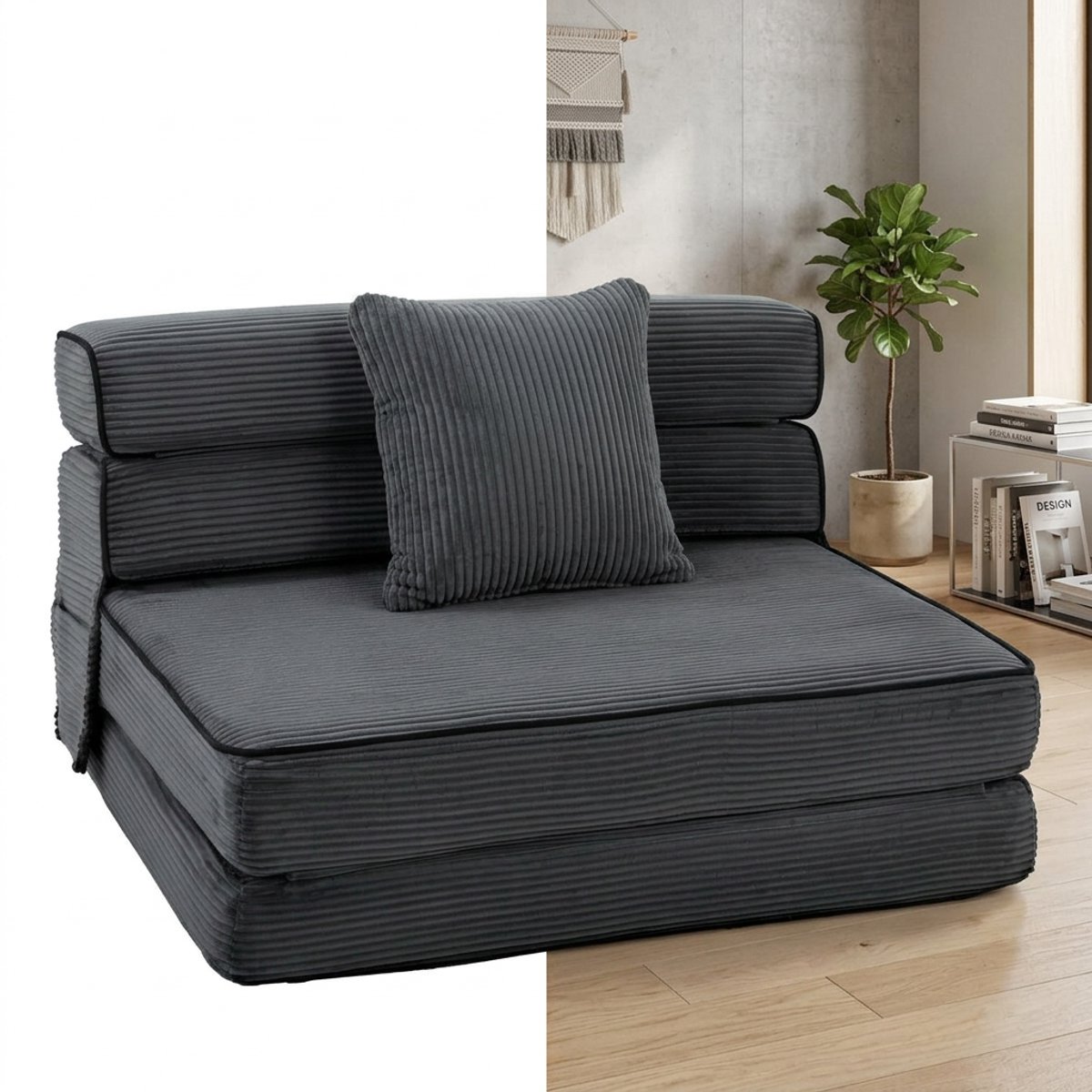 Slaapstoel - Uitklapbaar - Slaapbank - Logeerbed - Zetelbed - Slaapfauteuil - Vouwbed - 1 persoons - Zeer comfortabel - Donkergrijs