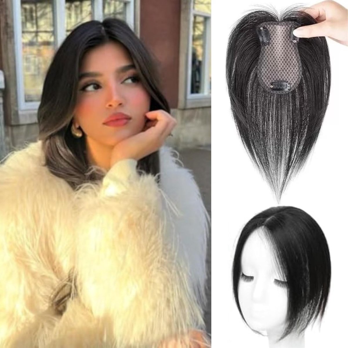 Natuurlijke 360 Graden Haar Topper voor Vrouwen met Haarverlies - 3D Bedekking met 8 Karakter Pony, Zwart Haar, Volumineuze Haaroplossing