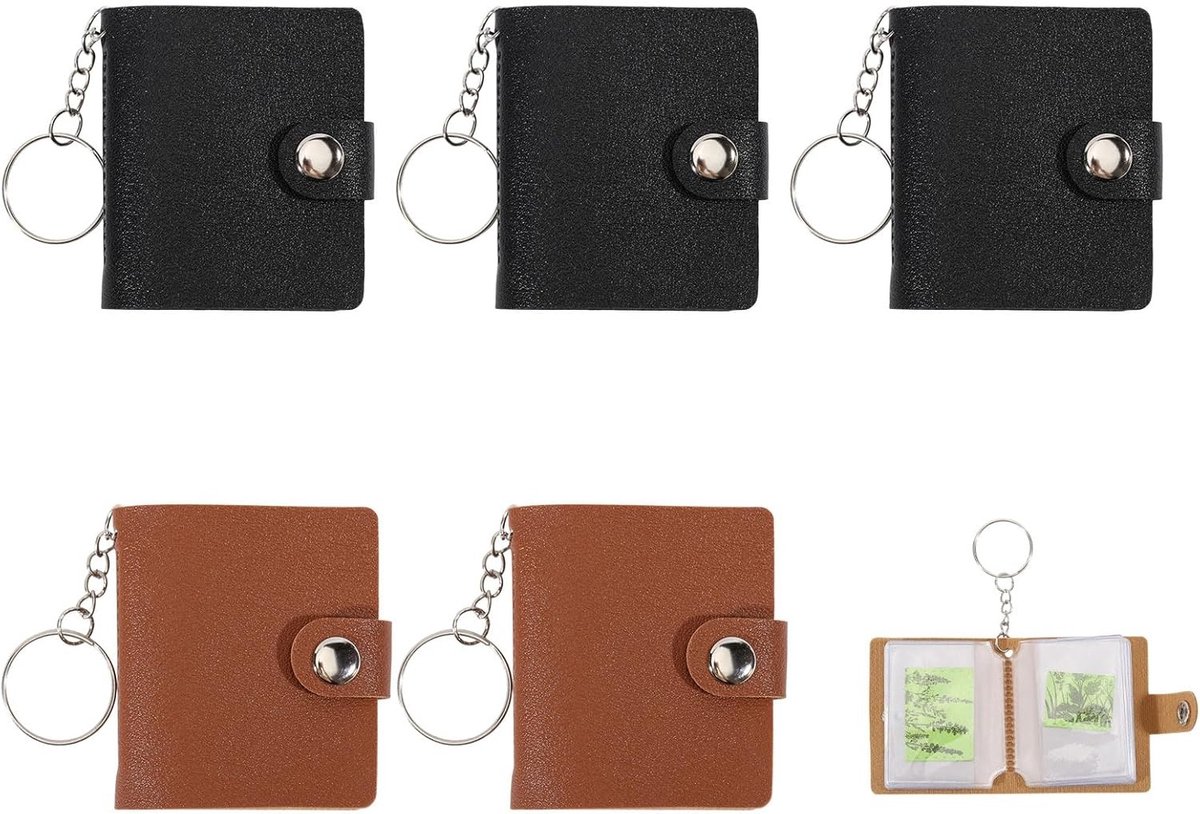 Set van 6 Mini Fotoalbums met Sleutelhanger, 2 x 6 cm, Kleine PU Leren Foto Sleutelhanger voor Rugzak en Portemonnee, Zwart en Bruin, Perfect voor Herinneringen en Cadeaus