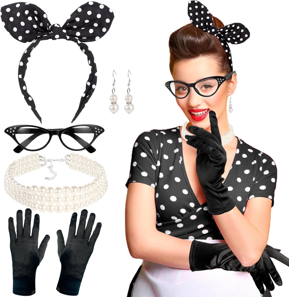 1950s kostuum voor vrouwen: haarband, brillen, parelketting, oorbellen en handschoenen voor rockabilly stijl, Halloween en carnaval accessoires
