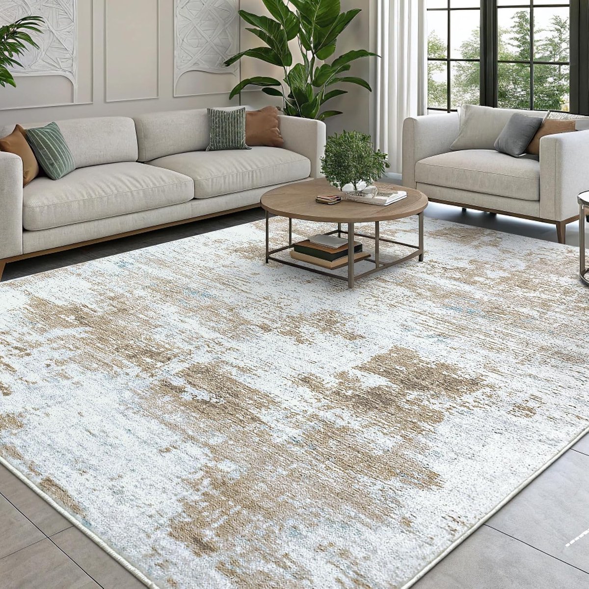 Vloerkleed - 120 x 160 cm - Wol - Laagpolig - Modern - Antislip - Machinewasbaar - Goud
