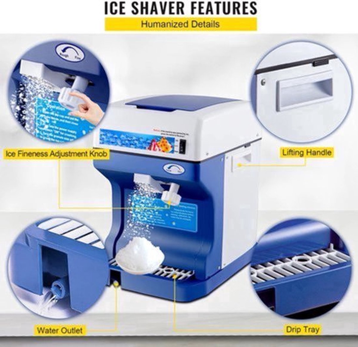 Ice Crusher - Schaaf ijsmachine - Slush Machine - 120kg Capaciteit - met Verstelbare Ijstextuur - 250W - 320 RPM - 29 x 39 x 43 cm - Blauw