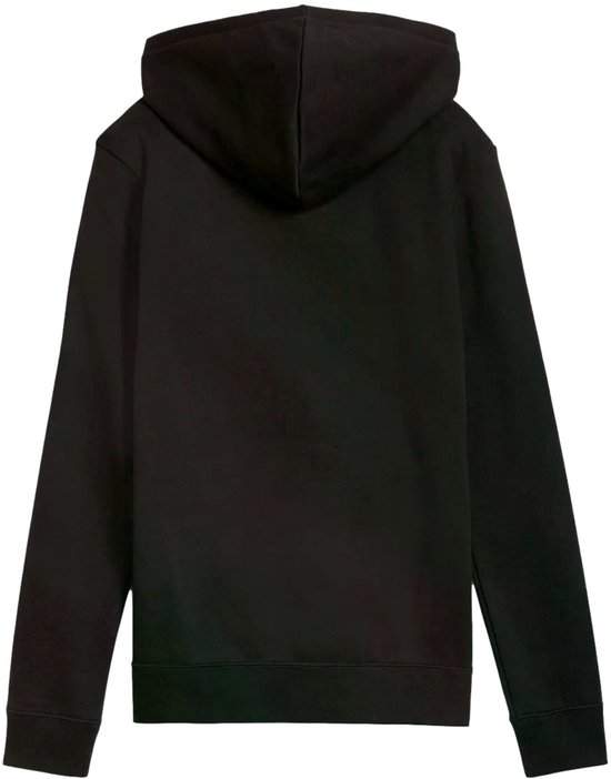 Achterkant van een effen zwarte Puma hoodie met capuchon.
