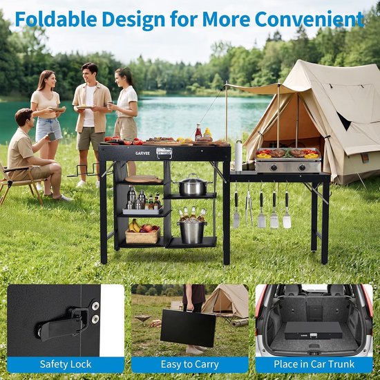 Opvouwbare grill tafel voor buiten,voor buiten,Opvouwbare barbecue tafel met plank en 5 haken, draagbare campingtafel voor tuin, terras en camping,zwart — afbeelding 5