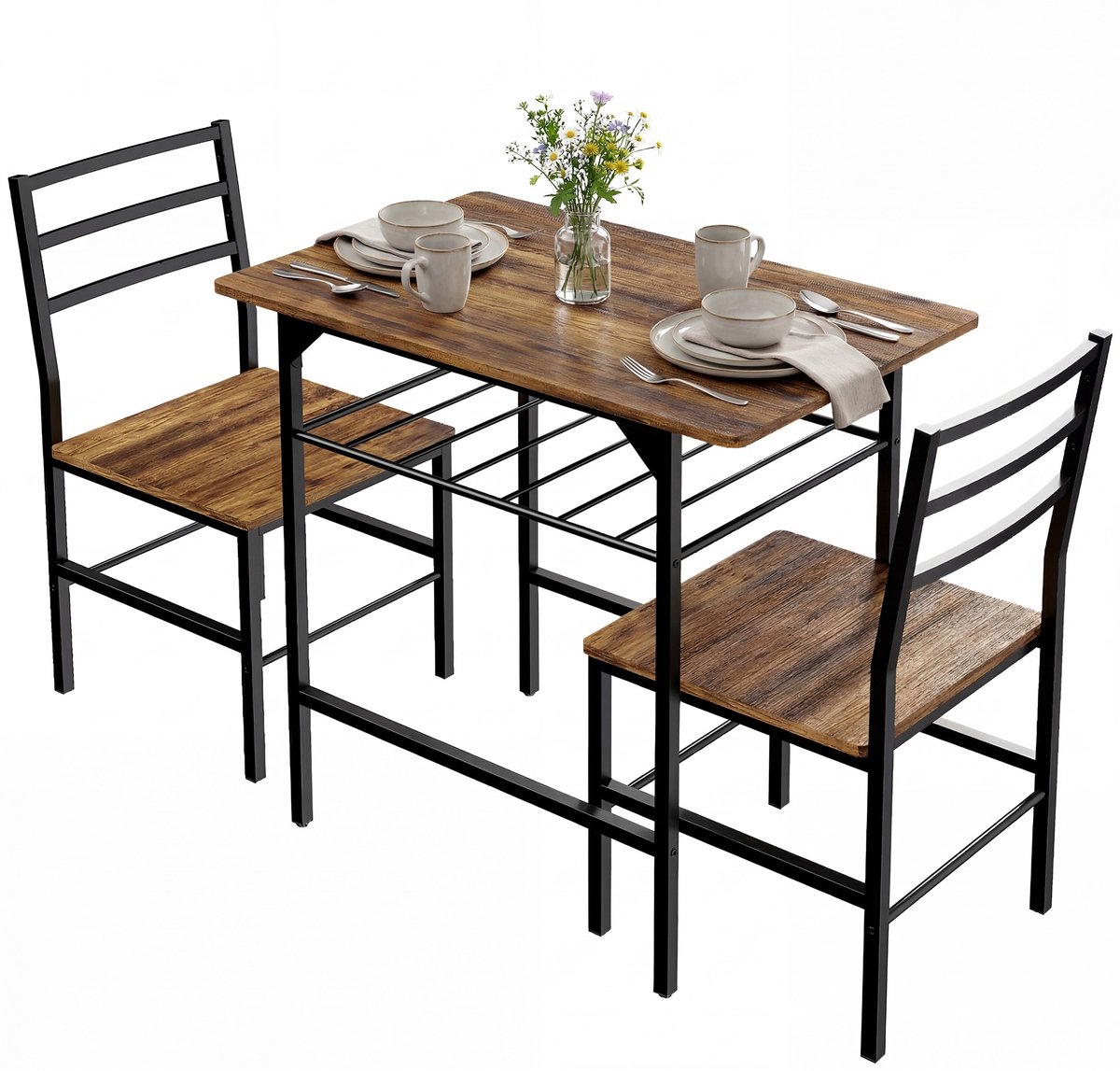 Eettafel met 2 stoelen - keukentafel met stoelen voor 2 personen - metalen frame - bruin