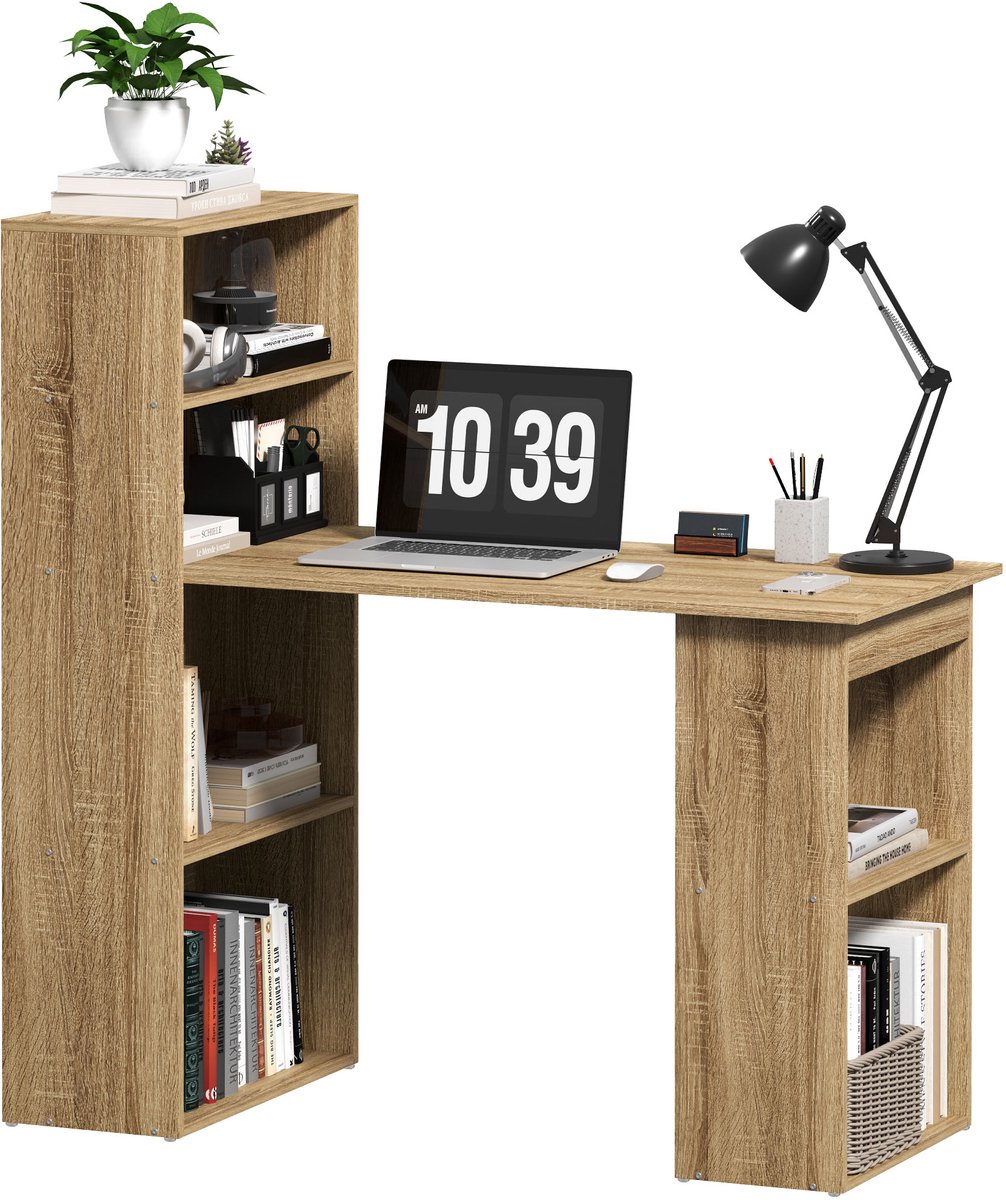 Computerbureau met opbergplank - hoekbureau met aangrenzende boekenkast - diverse opbergmogelijkheden - eikenhouten afwerking
