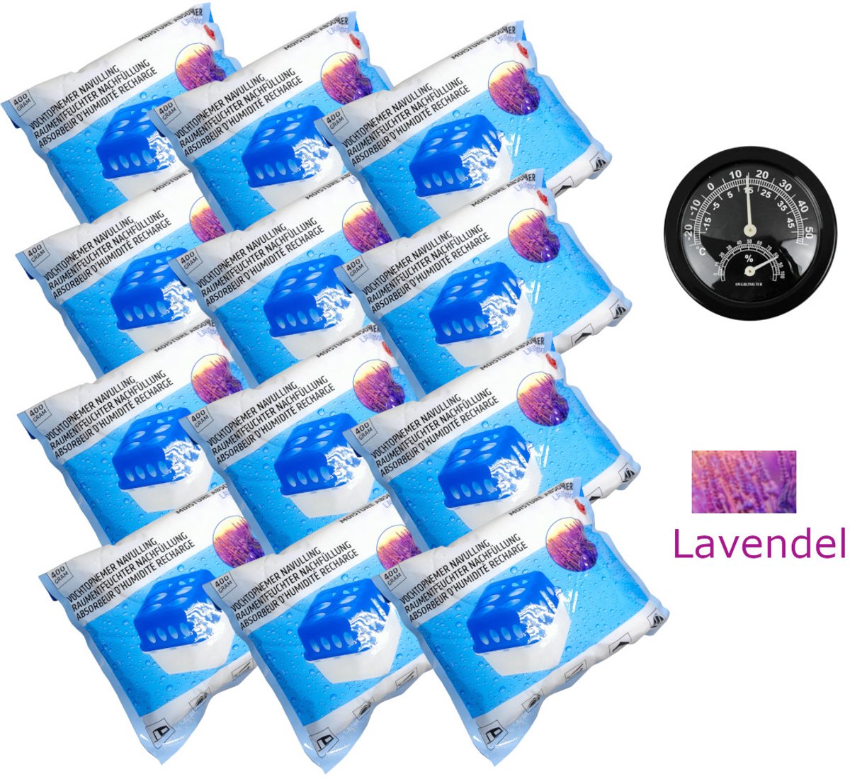 12x 400gr Vochtopnemer Navulling 12-Pack 4800 gram Lavendel met Thermo-Hygrometer