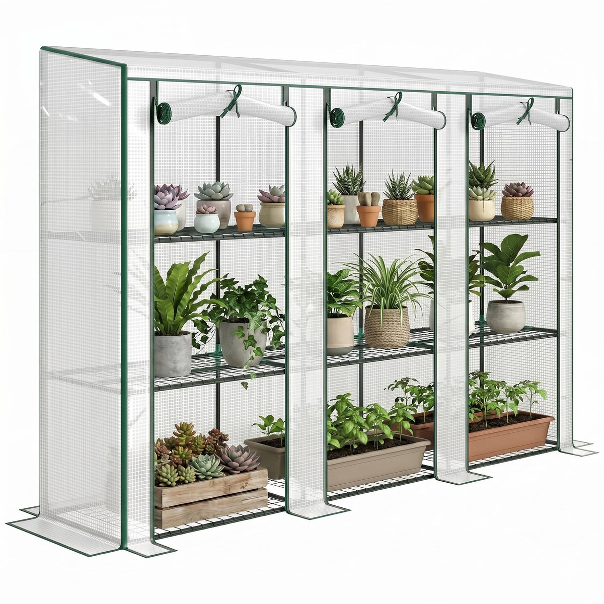 Tuinkas met 3 schappen - balkonkas - 3 oprolbare deuren met ritssluiting - 215 x 46 x 151 cm - wit