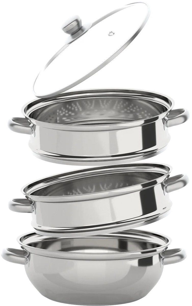 Seth Select Stoompan - 28 cm – 3-Laags RVS Stoomkoker – Stoompot met Glazen Deksel – Vaatwasser bestendig - Zilver