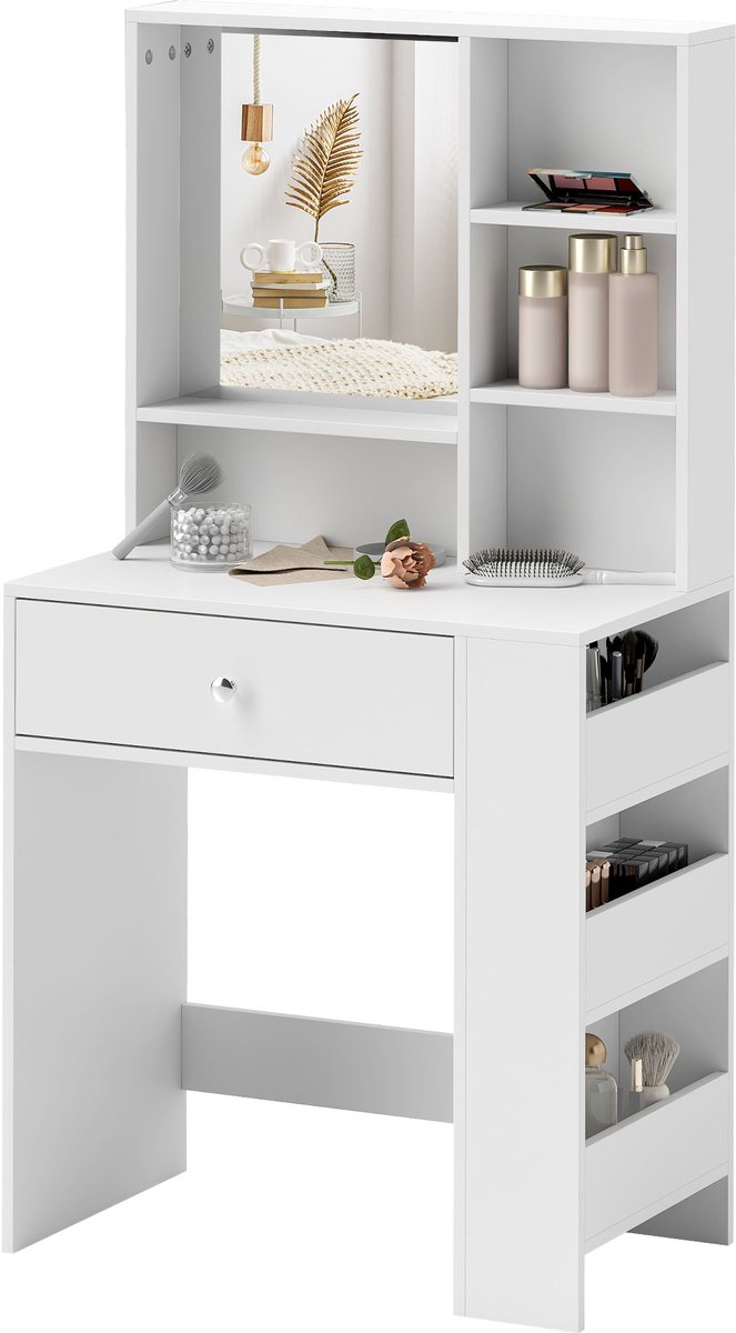 Homcom Kaptafel met Spiegel - Make-uptafel met Lade en Vakken - Kaptafel voor Slaapkamer - Wit Weiß