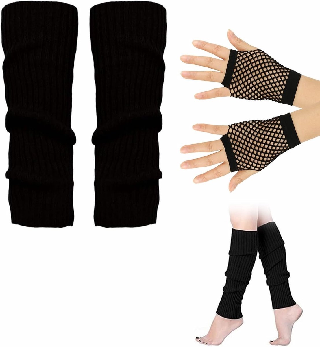 Elastische neon beenwarmers en visnethandschoenen voor winterse kostuums, jaren 80 retro accessoires en modeartikelen