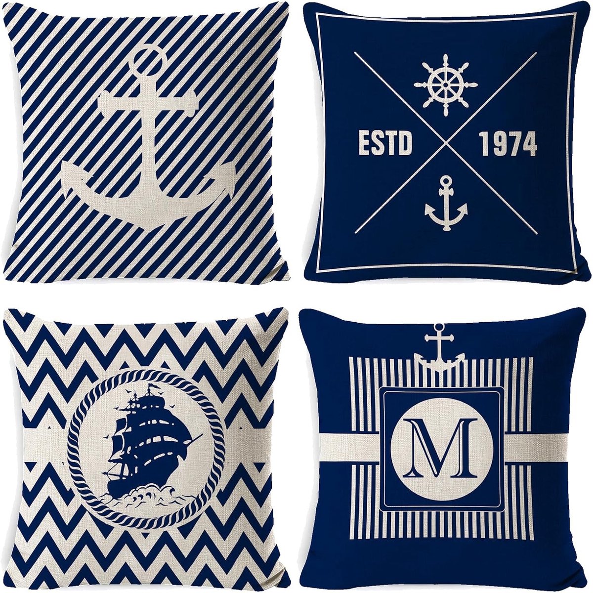 Nautische Kussenhoezen voor Buiten - Set van 4, 45 x 45 cm, Geschikt voor Boten en Terrasdecoratie