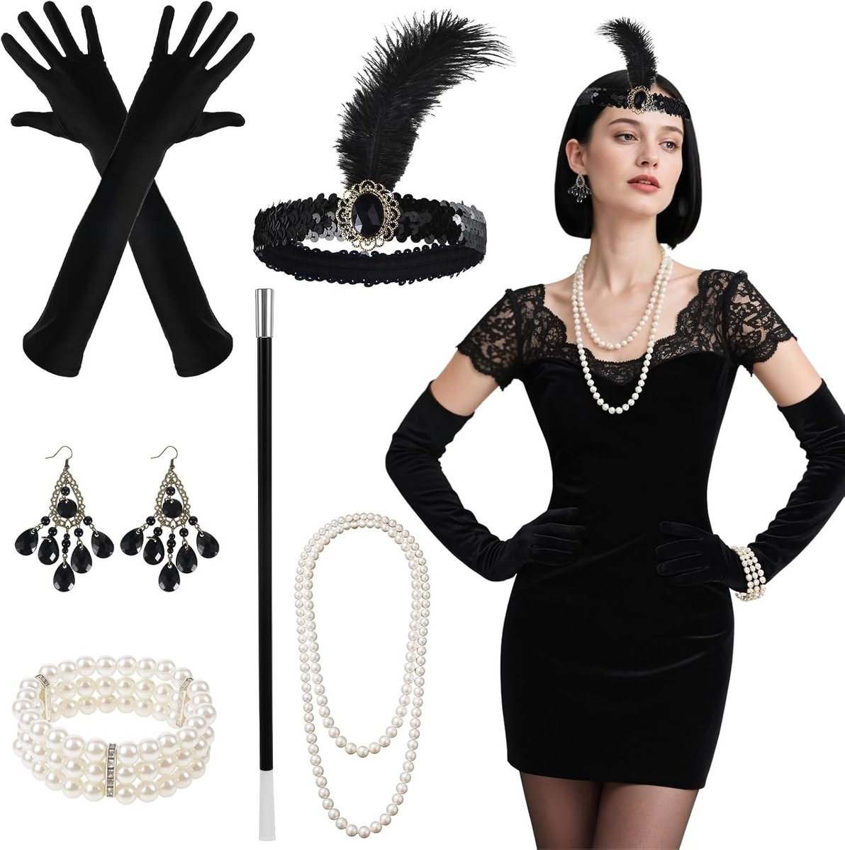 6-delige Flapper Accessoires voor Vrouwen - Vintage Gatsby Hoofdband, Kralen, Oorbellen, Handschoenen en Handheld Props voor Bruiloft en Kostuum
