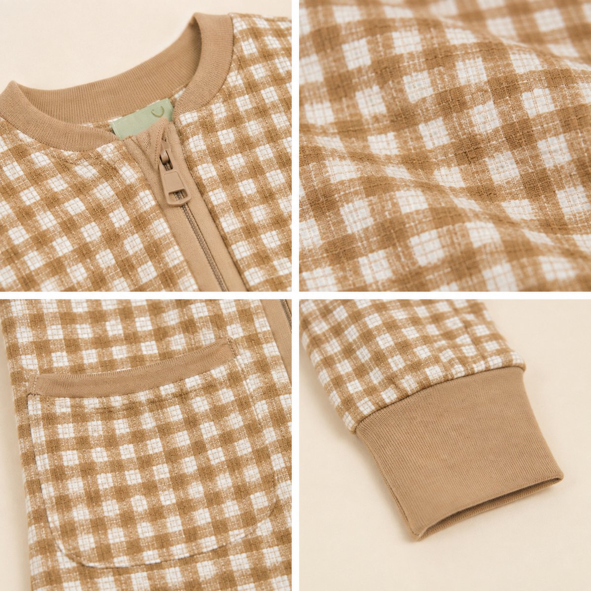 Baby Slaapzak met Benen – Pyjama Slaapoverall TOG 1.0 – Licht Gewatteerd – Beige geruit- Voor Slapen, Kruipen & Spelen – Met Voetjes en Afritsbare Mouwen voor kinderen tot 1 jaar