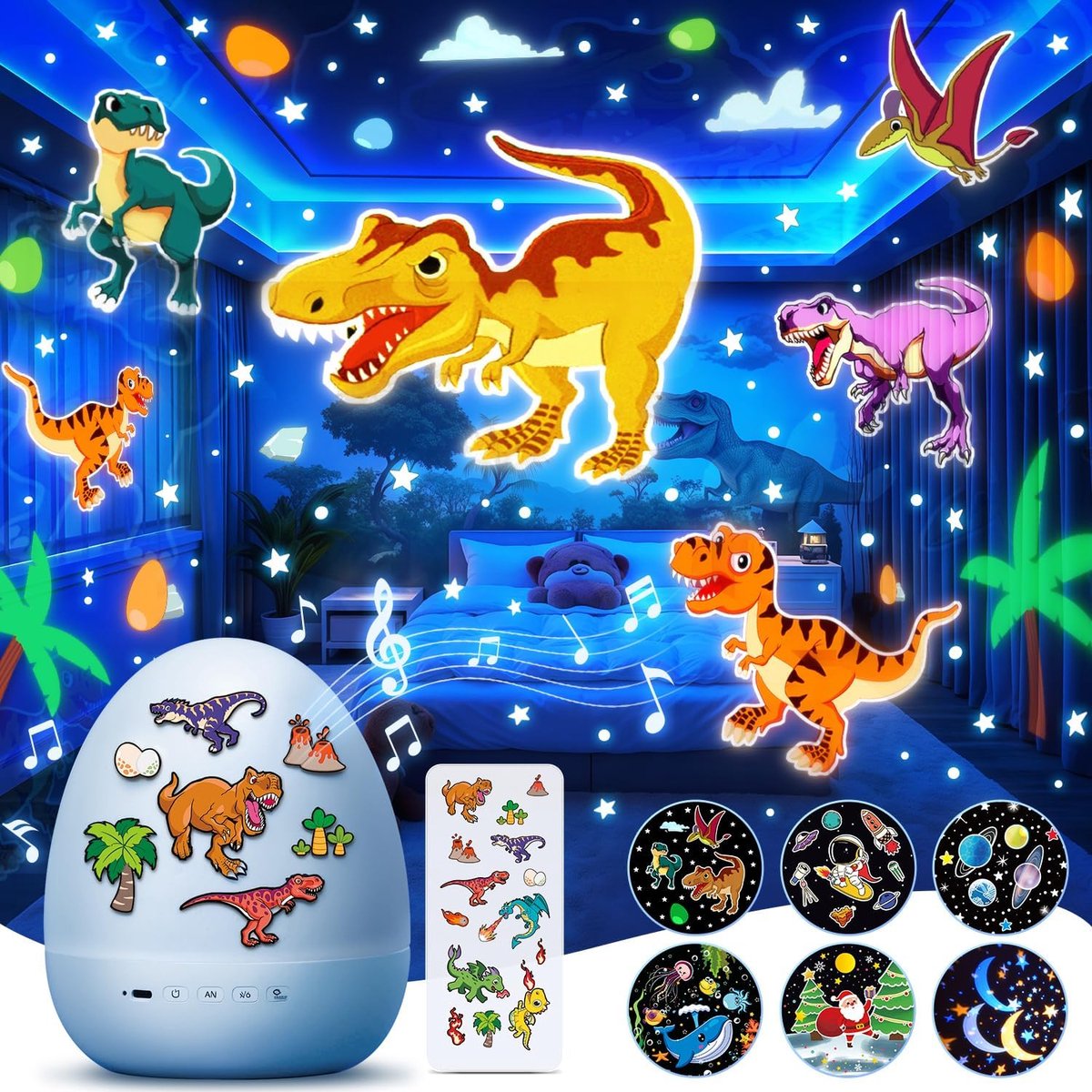 Een dinosaurus-ei projector voor kinderen, tevens een speelgoednachtlampje, met 12 projectievellen.