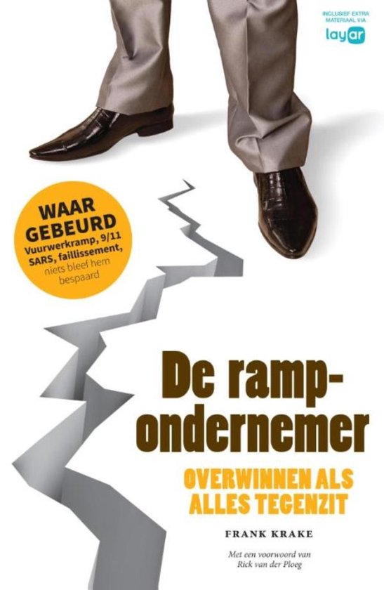 Boek "De rampondernemer" met een gescheurde aardkorst en schoenen. Tekst: "Waar gebeurd" en "Overwinnen als alles tegenzit".