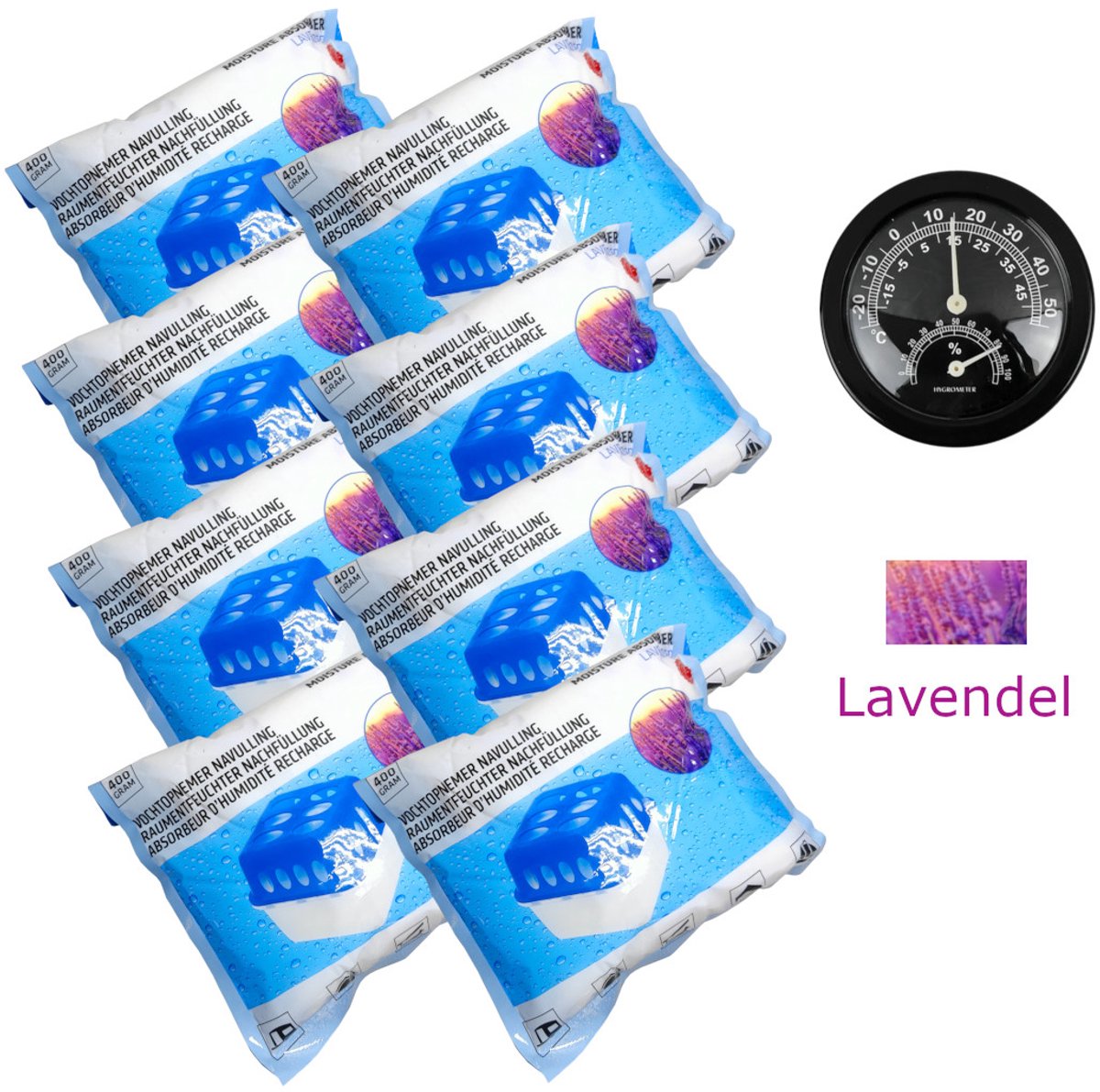 8x 400gr Vochtopnemer Navulling 8-Pack 3200 gram Lavendel met Thermo-Hygrometer