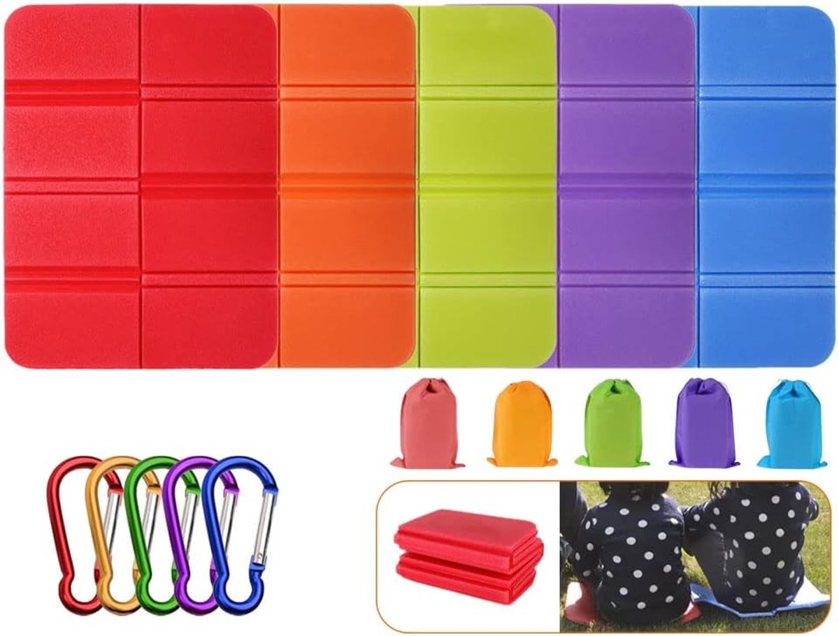 Vouwbare Zitkussens voor Buiten - Set van 5 Waterdichte Kussens met Opbergvakken en Carabiners voor Tuin, Kamperen en Picknicken