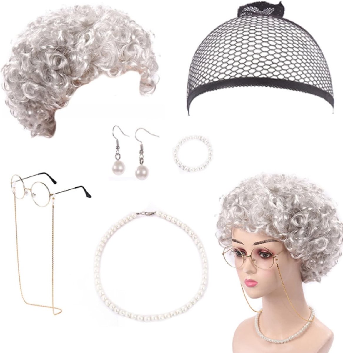 Complete Set voor Oude Dame Kostuum met Grijze Peruk, Perfect voor Carnaval en Rollenspel