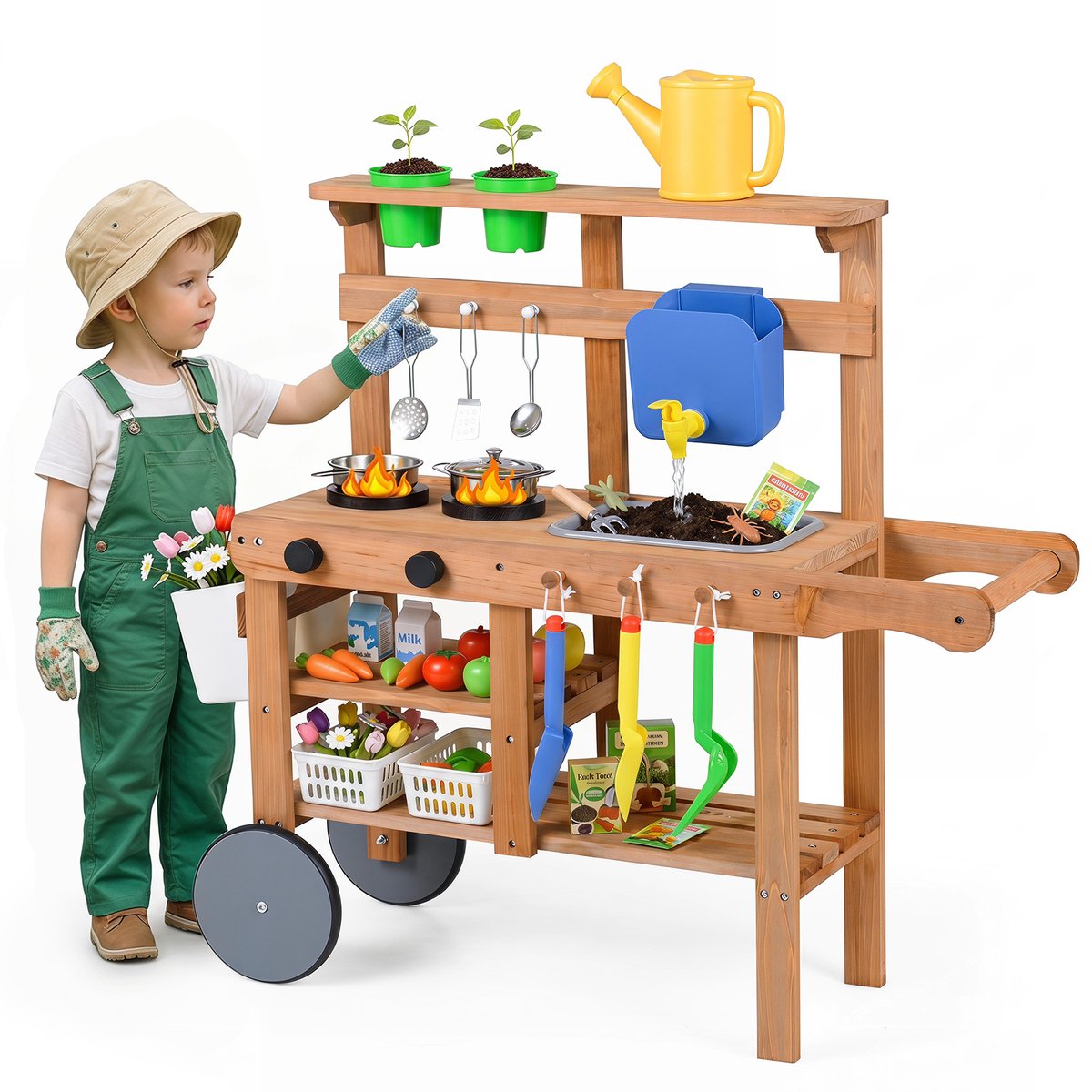 COSTWAY Modderkeuken voor kinderen, outdoor, speelkeuken met waterreservoir