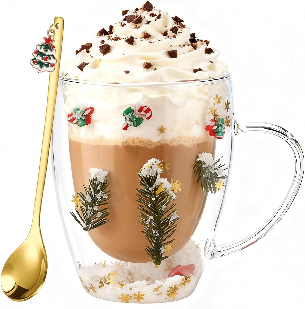 Creatieve Kerst Glazen Mok van 350ml, Dubbelwandige Glazen Tumbler voor Feestdagen, Unieke Kerstcadeaus voor Kinderen en Volwassenen