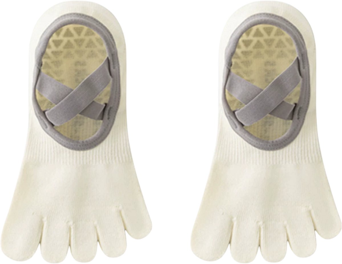 Pilates Sokken Antislip - Yoga Sokken met Tenen - Ballet Sok Dames - Licht Beige