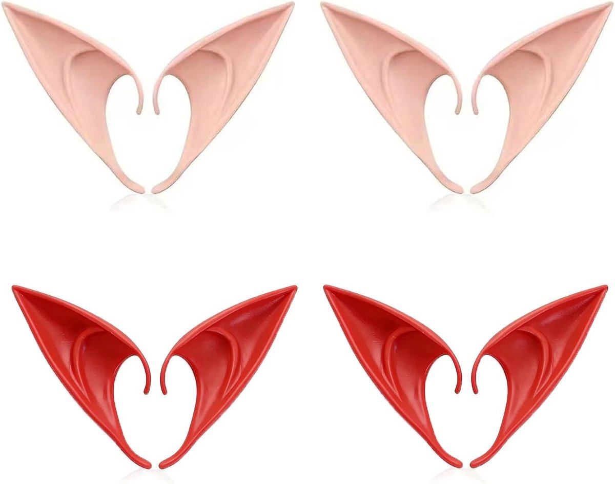 Elf Oren voor Cosplay, 4 Paar Zachte Punten in Rood en Huidskleur voor Fantasy Kostuums, Halloween en Kerst, 8 cm Lengte