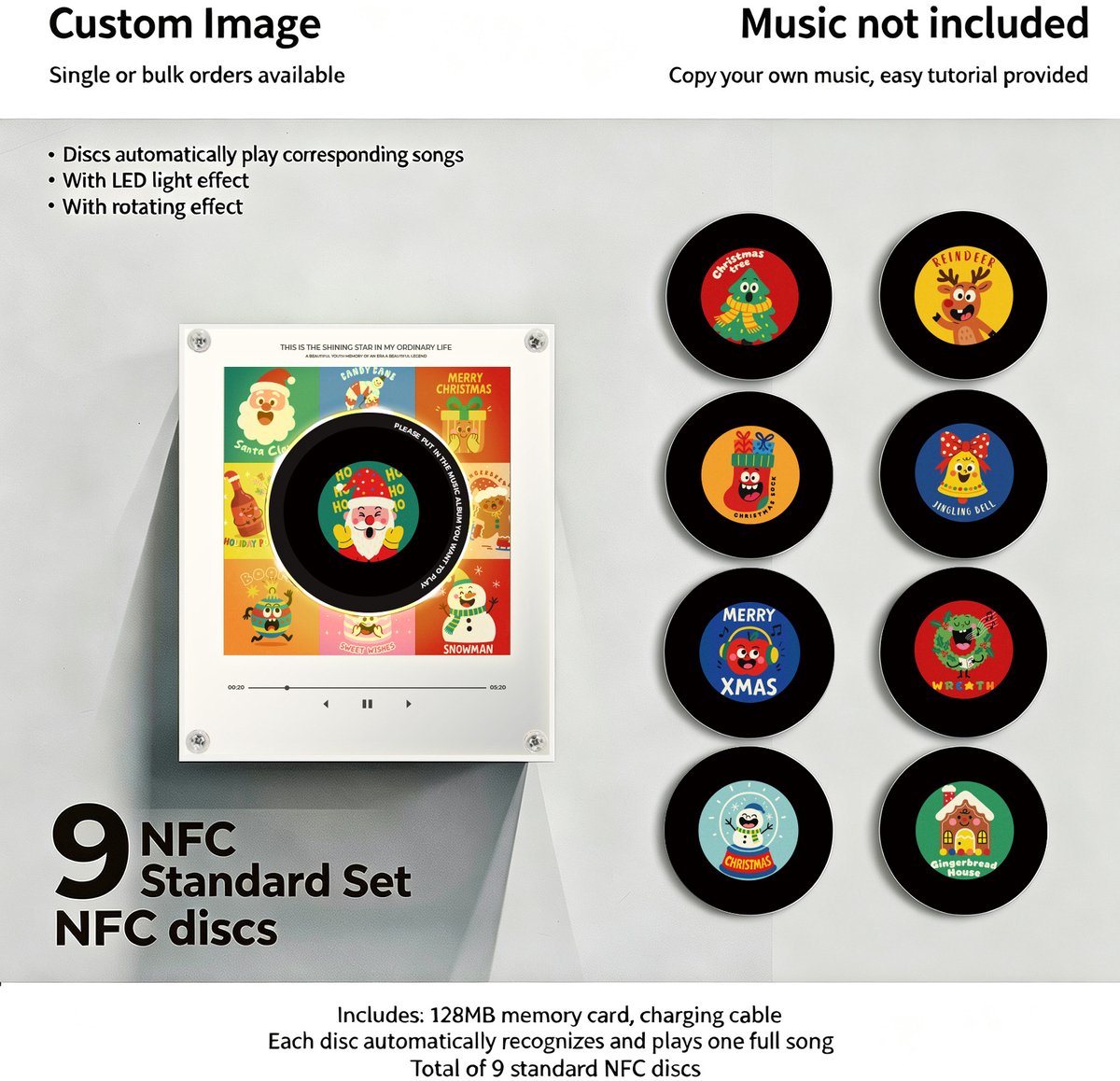 Muziekdoosje met koelkastmagneetfunctie, inclusief 9 NFC‑mini‑vinylplaten, USB‑C oplaadbaar, 128 MB intern geheugen, draagbare luidspreker geschikt als kerstdecoratie en cadeau voor kerst en verjaardag