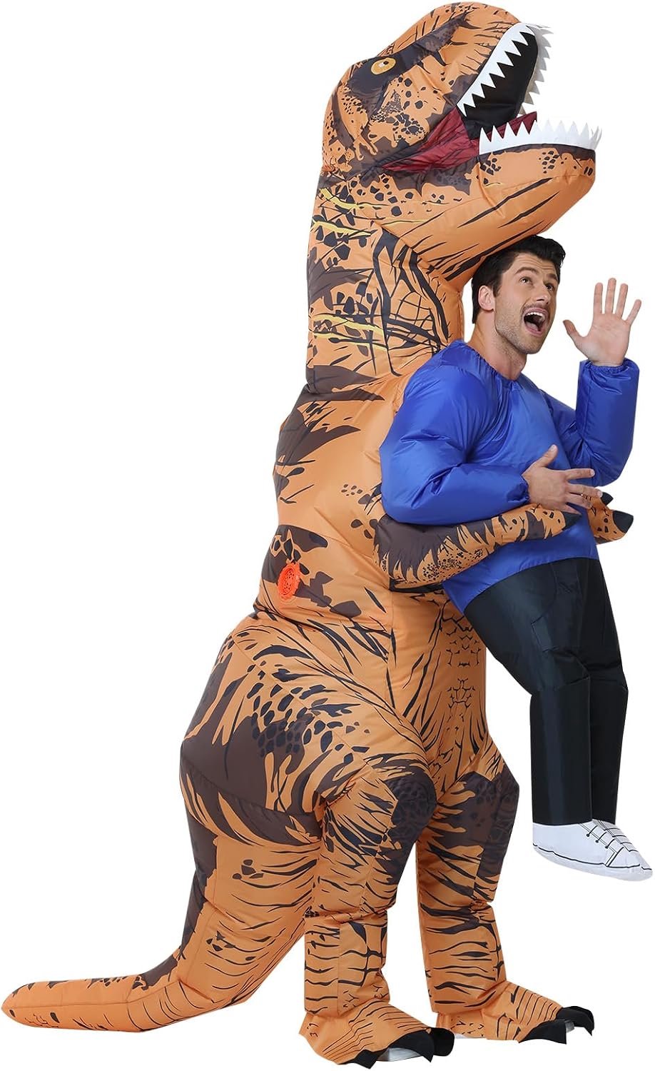 Poptrend Dinosaurus opblaasbaar kostuum voor volwassen tieners kinderen, Halloween grappig T-Rex dinosaurus ontvoering kostuum voor feest cosplay carnaval mannen vrouwen, bruin