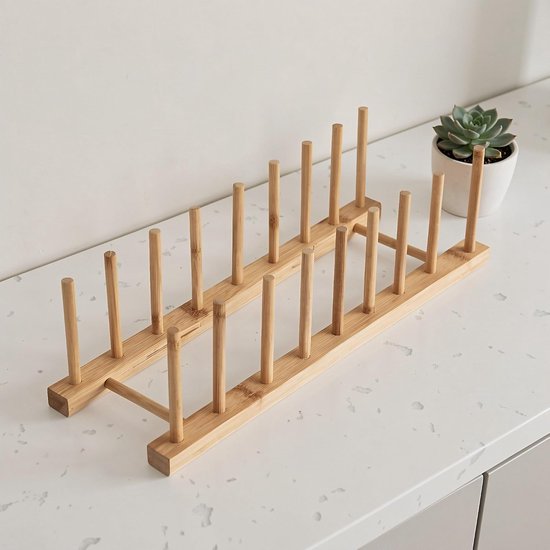 2 Stuks Bamboe Plaatrek met Vakken Verticaal Droogrek voor Borden Potdeksels Snijplanken Ruimtebesparende Keukenorganizer voor Efficiënt Drogen Opbergen — afbeelding 4