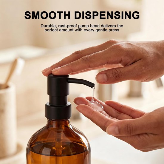 2 stuks glazen zeepdispenser met roestvrijstalen pomp, 500 ml handzeepdispenser, navulbare amberkleurige glazen zeepdispenser voor keuken en badkamer met pomp en label — afbeelding 4