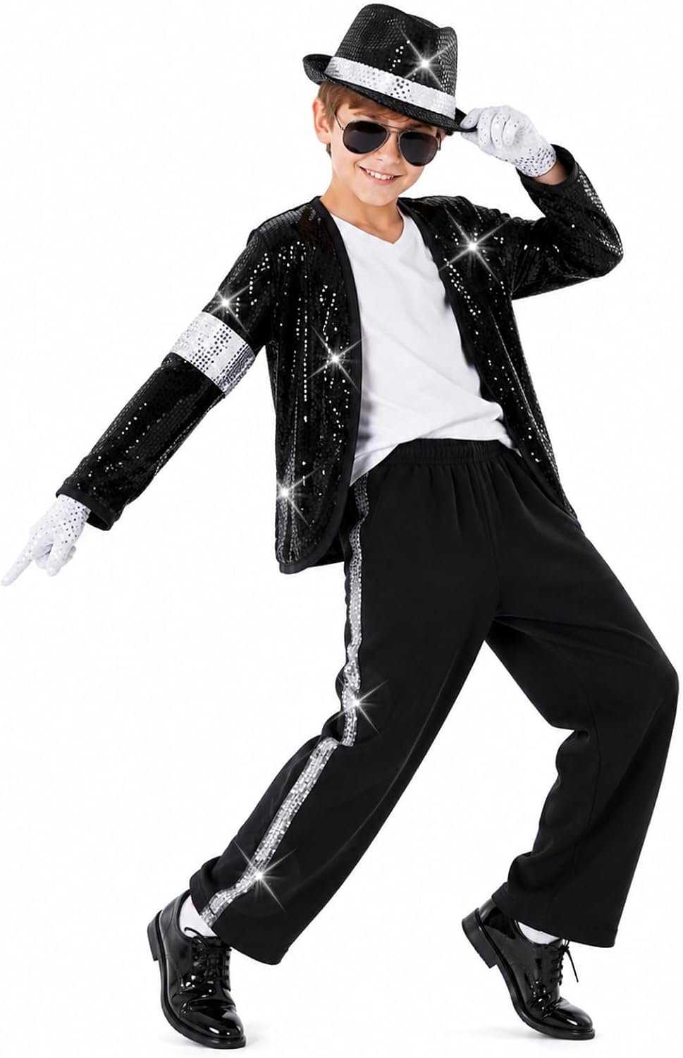 Kinderkostuumset voor jongens, 5-delig, jaren 80 en 90, retro disco pop star outfit, dans, podiumkostuum met accessoires voor Halloween-party, rollenspel, geschikt voor kinderen van 3 tot 12