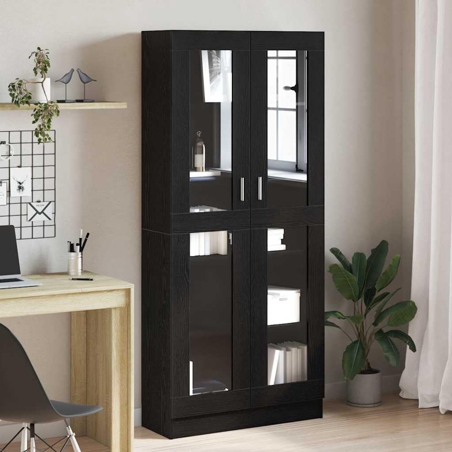 Matzwarte houten kast met planken, moderne opbergkast voor woonkamer of kantoor, ideaal voor boeken en decoratie