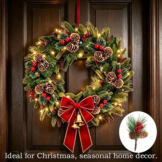 12 stuks plastic kersthulsttwijgen dennenprikkels met rode bessen dennen naalden kegels voor doe-het-zelf kerstkrans decoraties ambachten kerstboom ornament — afbeelding 2
