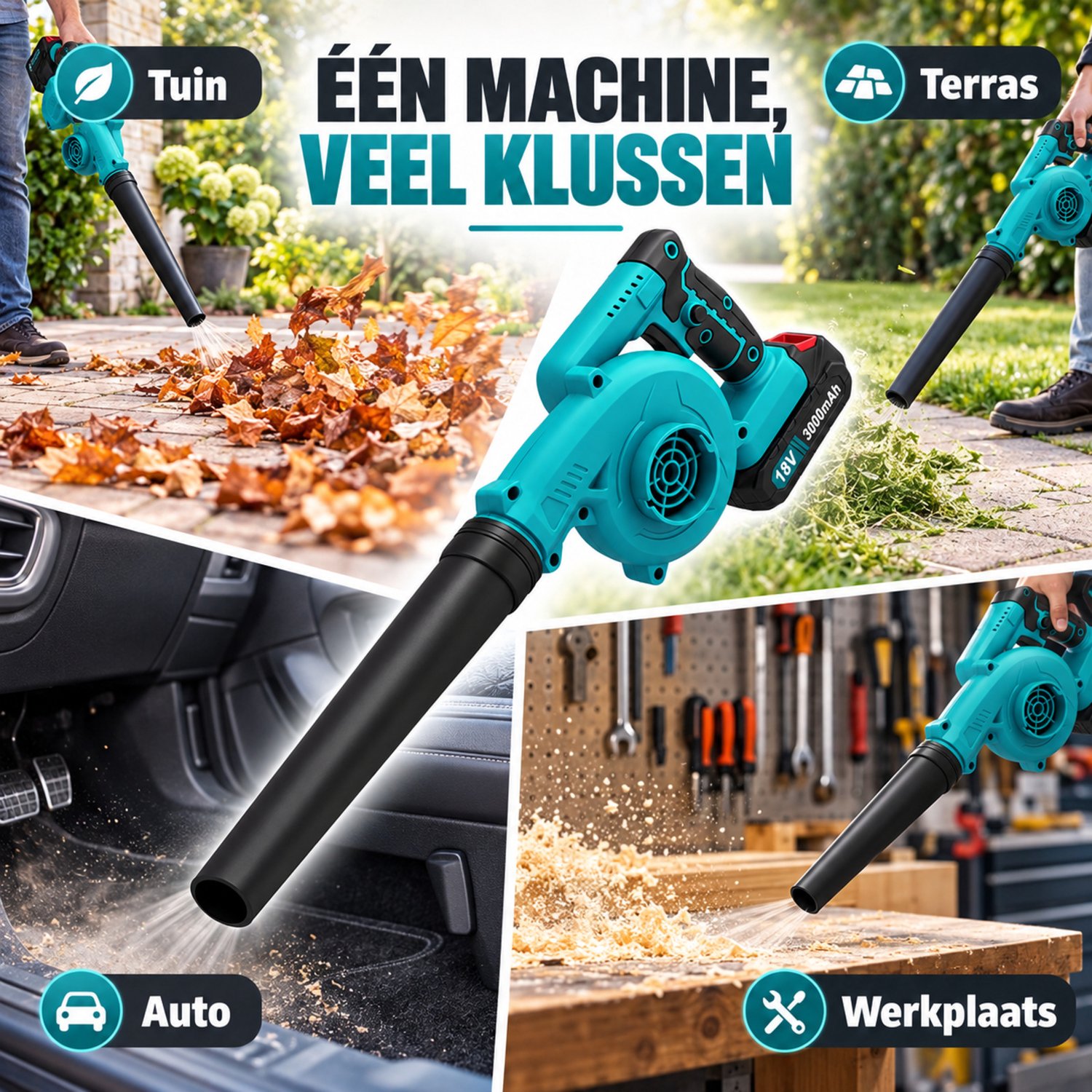 Accu Bladblazer en Bladzuiger 2-in-1 – Draadloze Handblazer 18V met 2x 3.0Ah Accu, Oplader, Opvangzak en Opzetstukken – Voor Tuin, Terras, Oprit, Auto en Werkplaats – foto 5