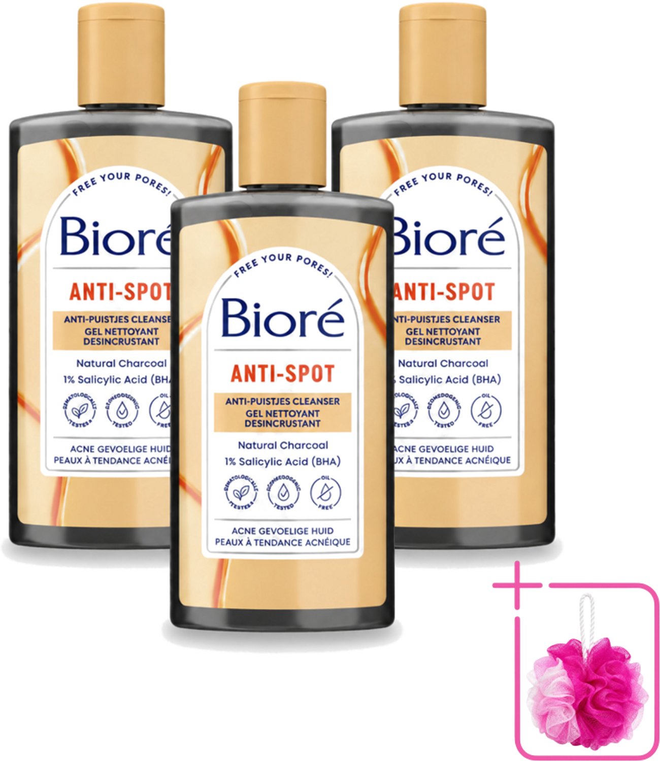 3 x Bioré – Houtskool Anti-Puistjes Reinigingsgel – Gezichtsreiniger – 200 ml - Bulkverpakking - Houtskool reinigingsgel - Douchemop - Puistjes voorkomen