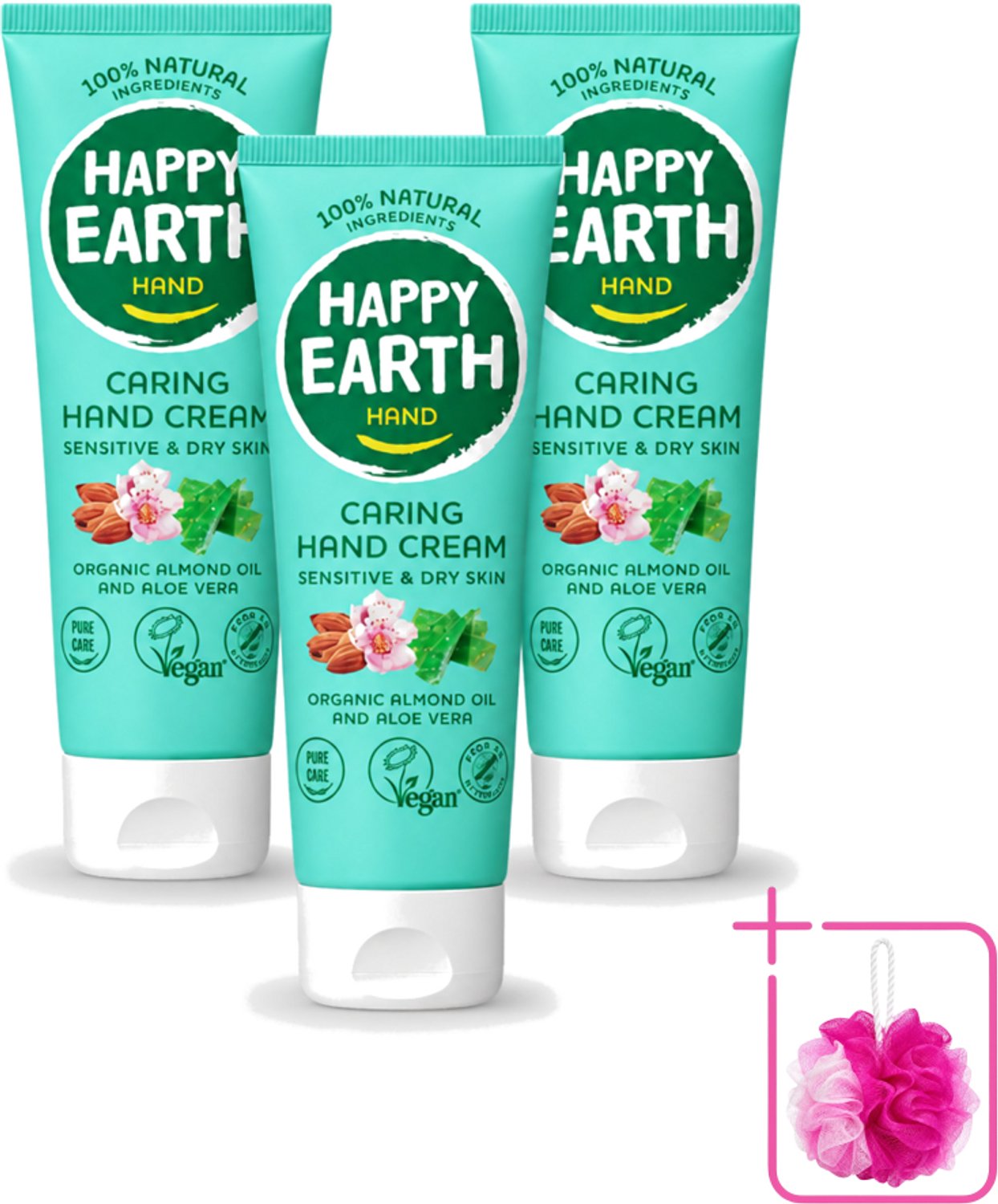 3 x Happy Earth – Handcrème – 100% Natuurlijk – 75 ml - Bulkverpakking - Natuurlijke handcrème - Douchemop - Vegan handcrème