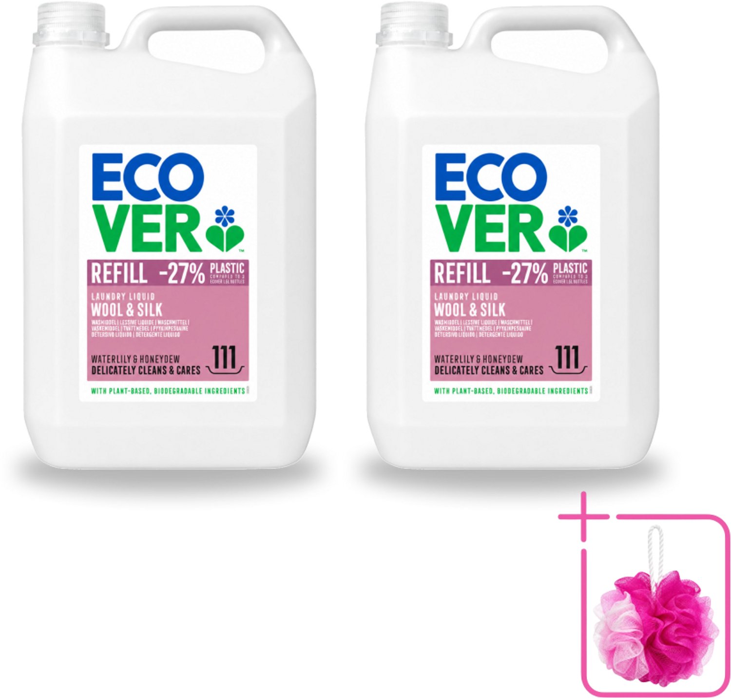 2 x Ecover - Vloeibaar wasmiddel - Wol & Fijnwas - Waterlelie & Honingmeloen - 5 liter - 111 wasbeurten - Bulkverpakking - Fijnwas - Douchemop - Wolwas