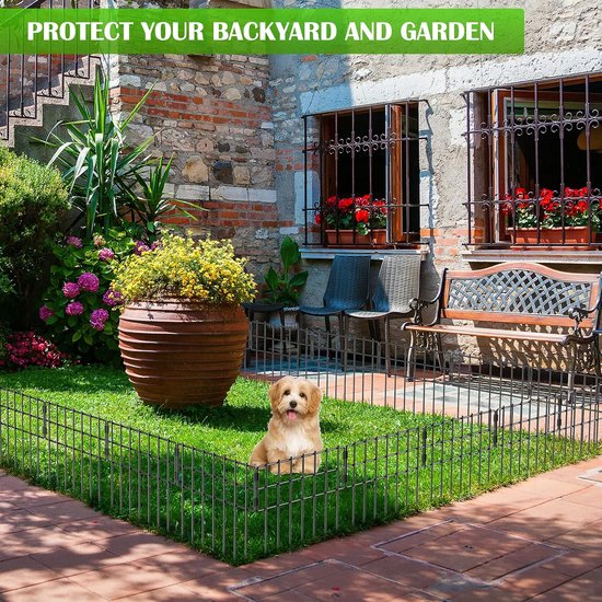 25 Stuks Dieren Barrière Hek, 43 cm (H) X 27 ft (L) Geen Graven Tuin Decoratieve Hekwerk, Roestvrij Metalen Draad Paneel Grens voor Hond Konijnen Grondpalen en Outdoor Landschap Patio — afbeelding 2