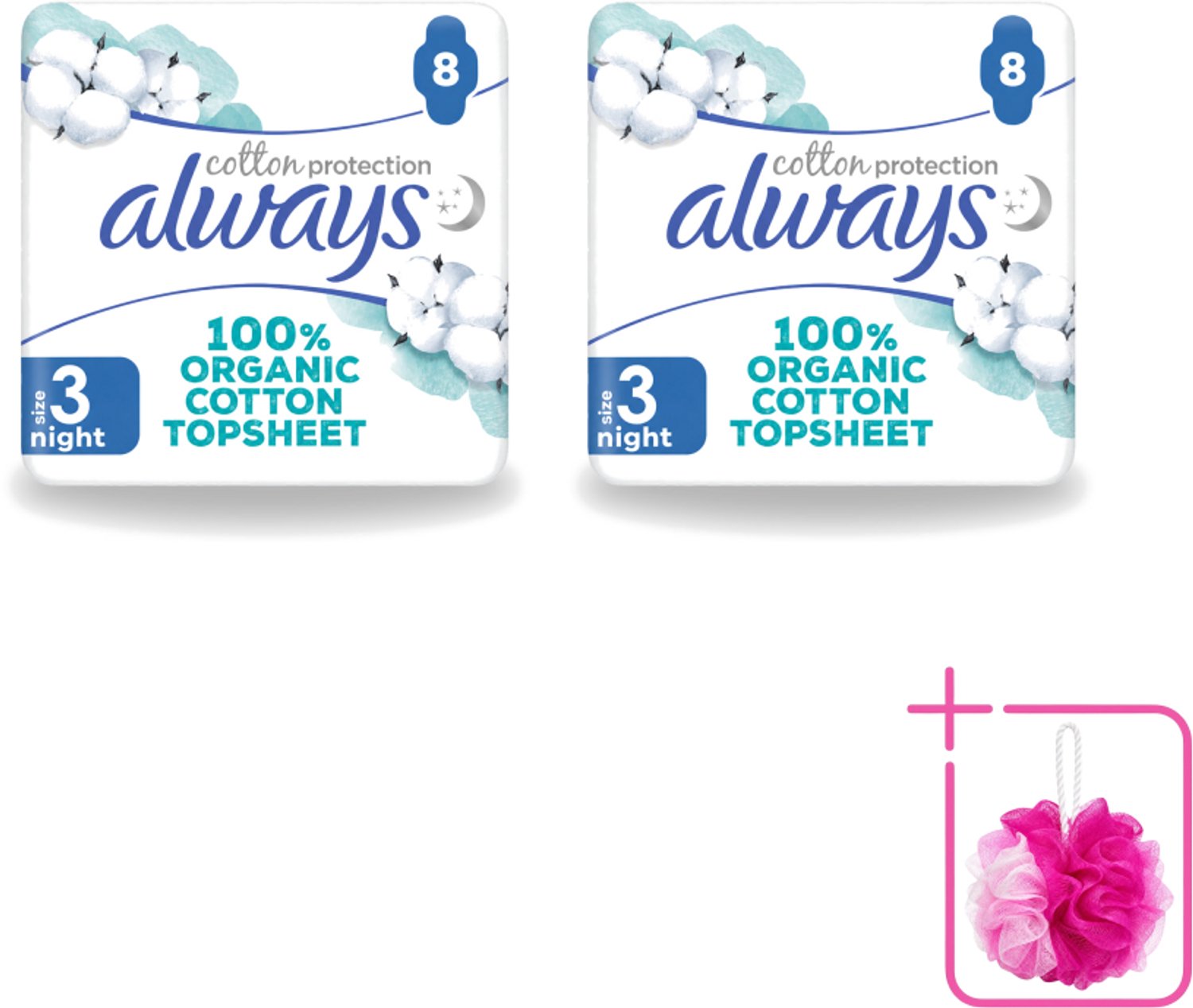 2 x Always - Maandverband - Night - Cotton Protection - Met Vleugels - 8 Maandverband - Bulkverpakking - Nachtbescherming - Douchemop - Maandverband