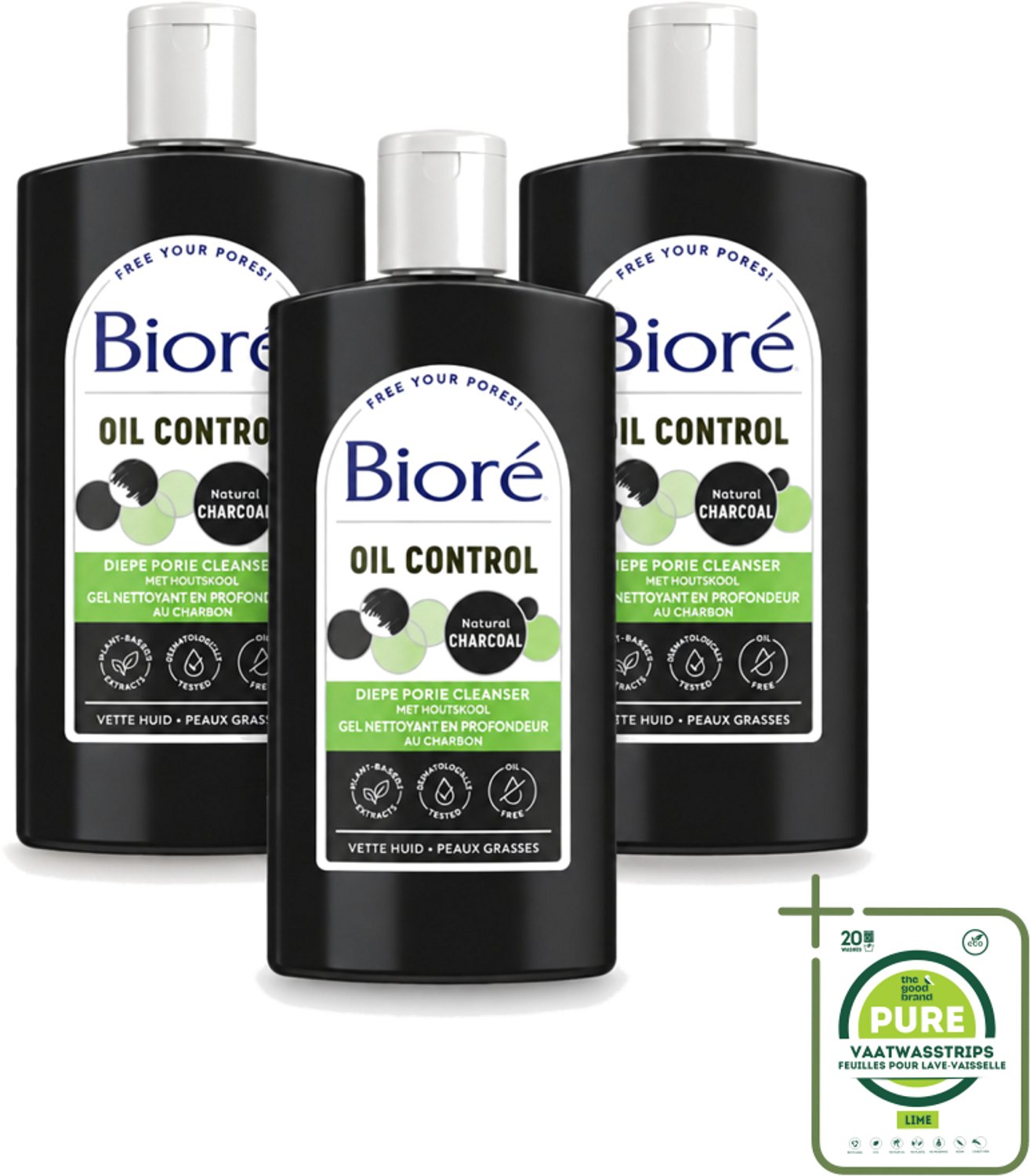 3 x Bioré – Houtskool Reinigingsgel – Gezichtsreiniger – 200 ml - Grootverpakking - Vaatwasstrips - Gezichtsreiniger - Houtskool - Diepe Reiniging - Vet Huid - Gecombineerde Huid