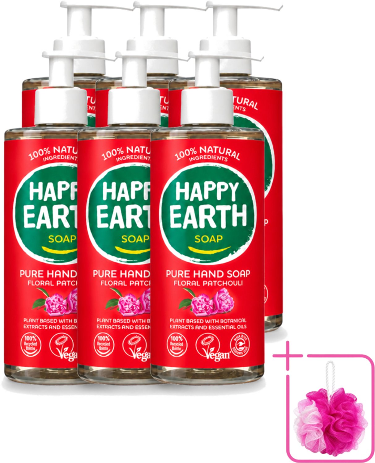 6 x Happy Earth – Handzeep – 100% Natuurlijk Floral Patchouli – 300 ml - Bulkverpakking - Natuurlijke handzeep - Douchemop - Vegan handzeep