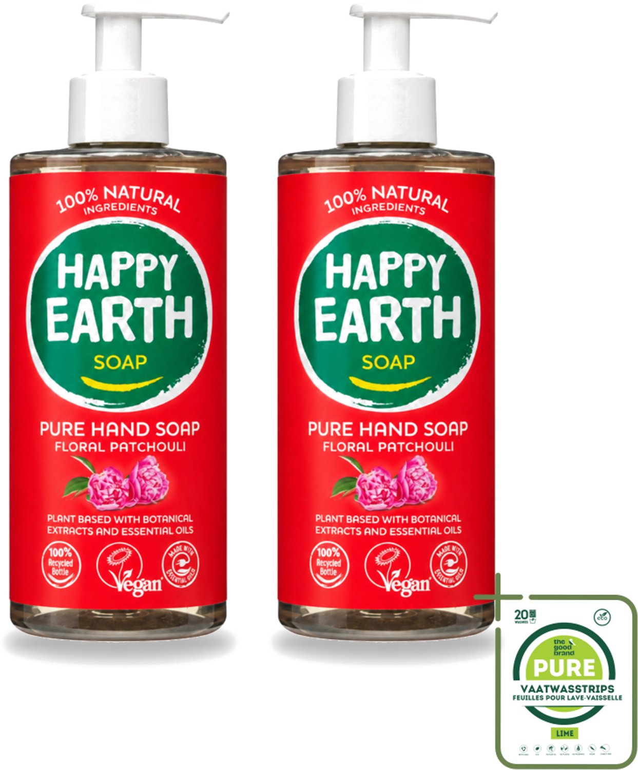 2 x Happy Earth – Handzeep – 100% Natuurlijk Floral Patchouli – 300 ml - Grootverpakking - Vaatwasstrips - Natuurlijke Handzeep - Vegan Handzeep - Handzeep Met Patchouli - Bloemige Handzeep - Huidvriendelijke Handzeep
